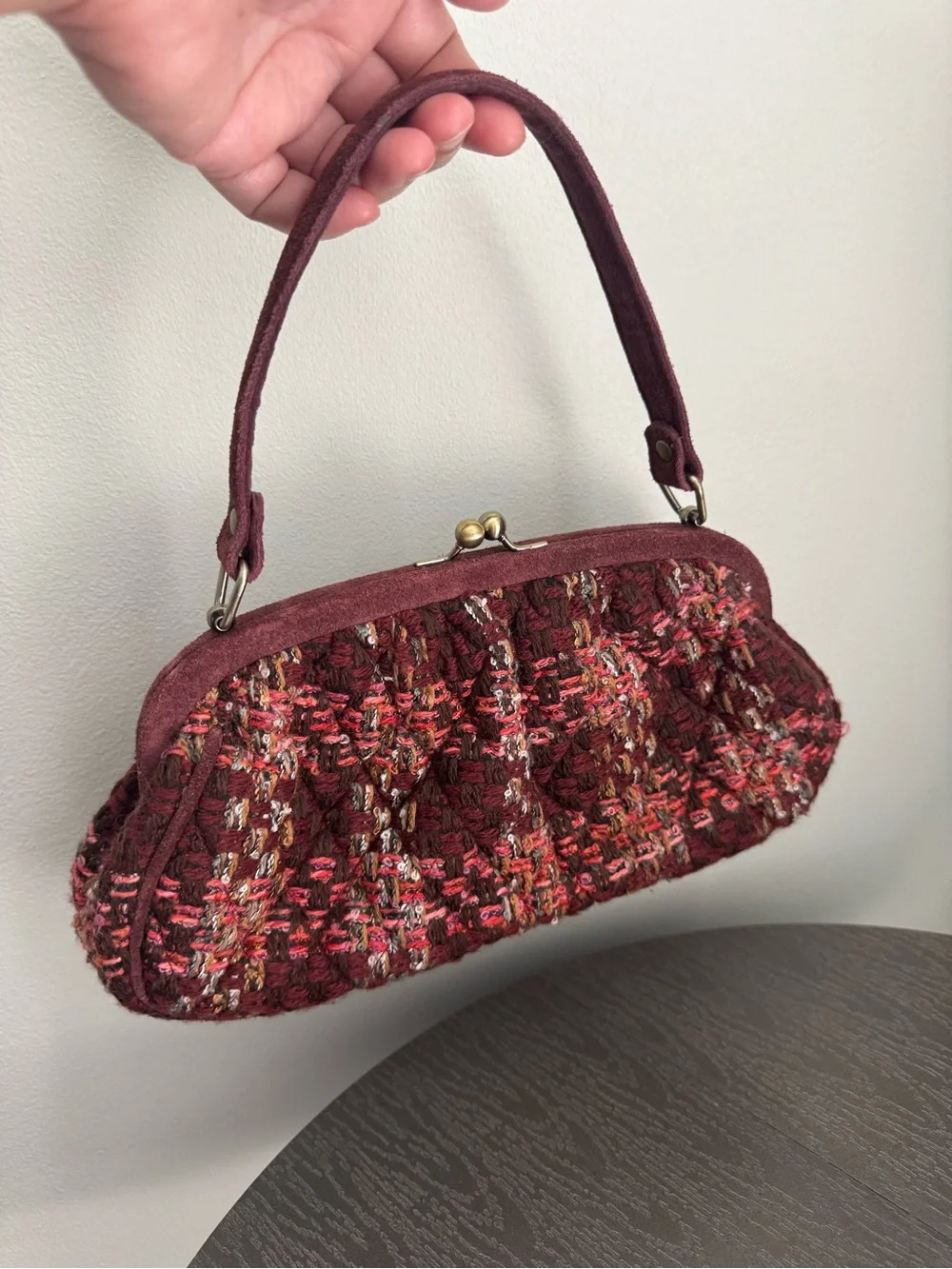 Vera Bradley Vintage-Inspired Burgundy Brown Tweed Frame-Top Handbag